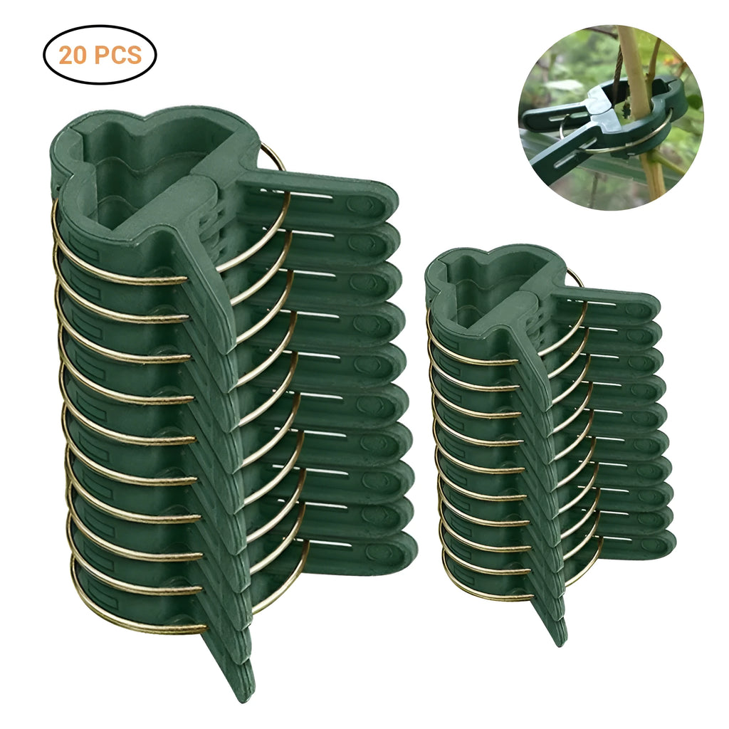 Green plastic and zinc plant fixing clips for supporting tomato vines and climbing plants in the garden.