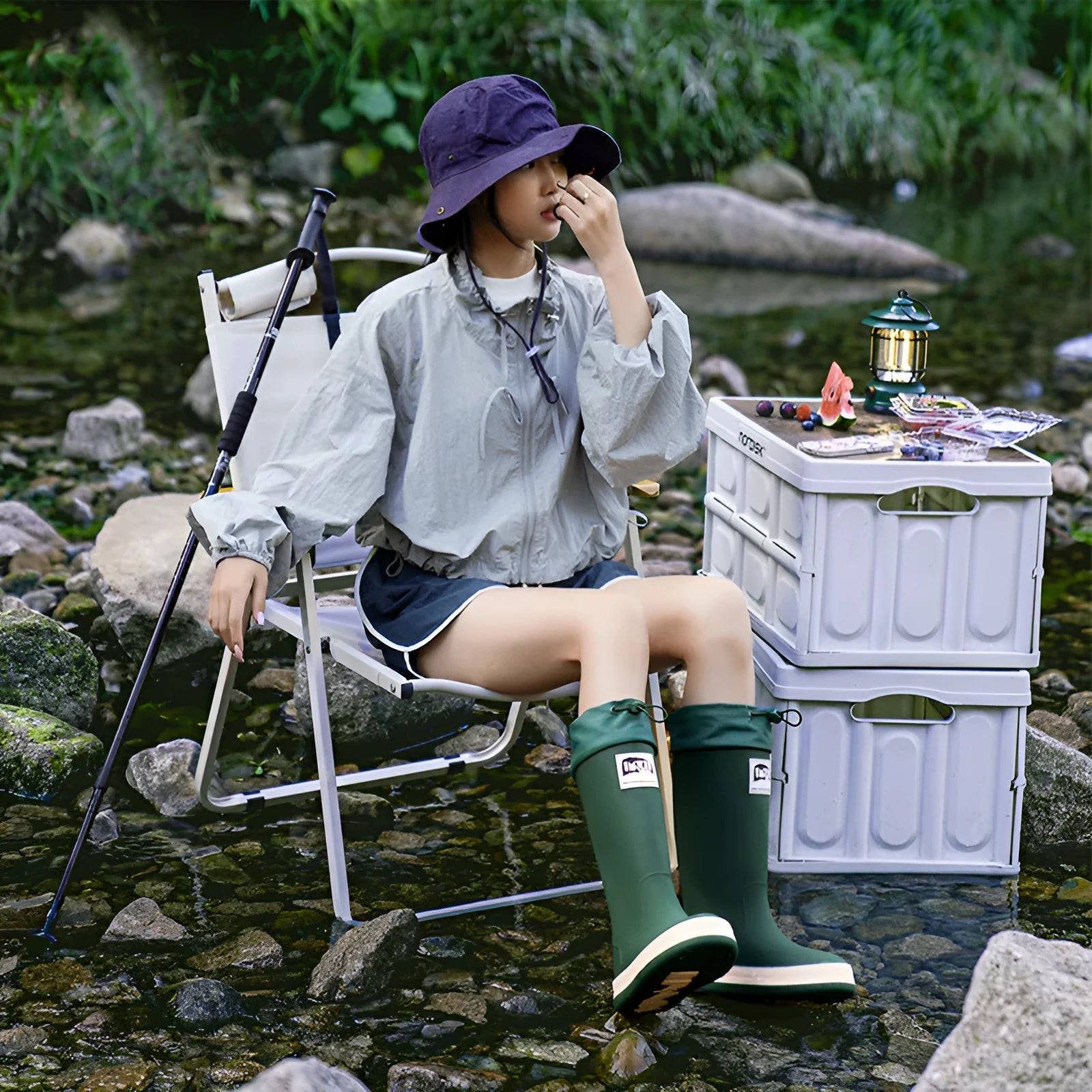 Couple PVC platform high tube rain boots in solid colour for outdoor camping waterproof non-slip