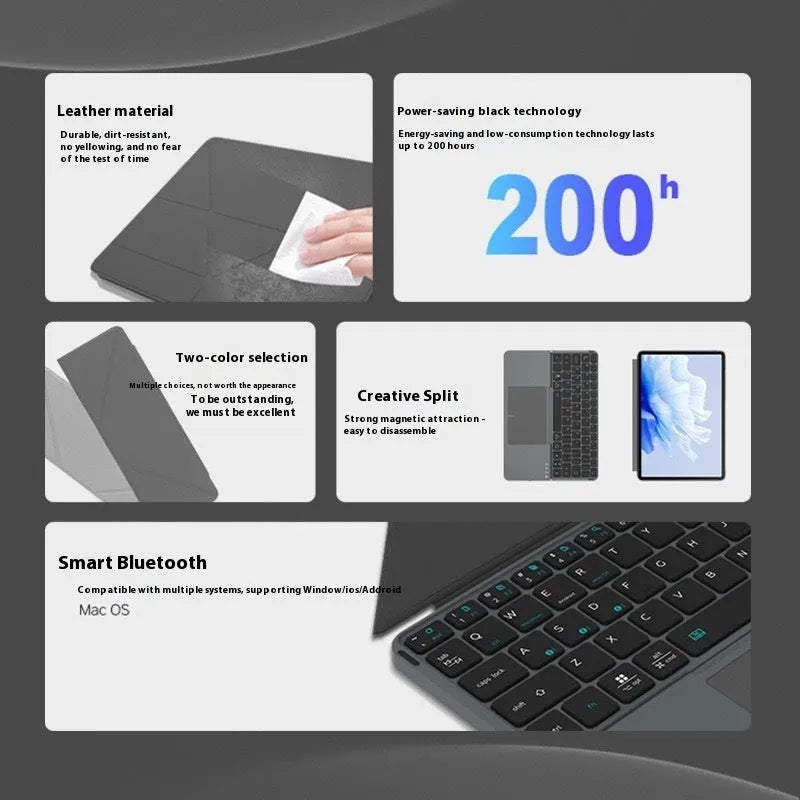 Grey aluminium Bluetooth folding keyboard for mobile phones and tablets, shown in open and closed positions.