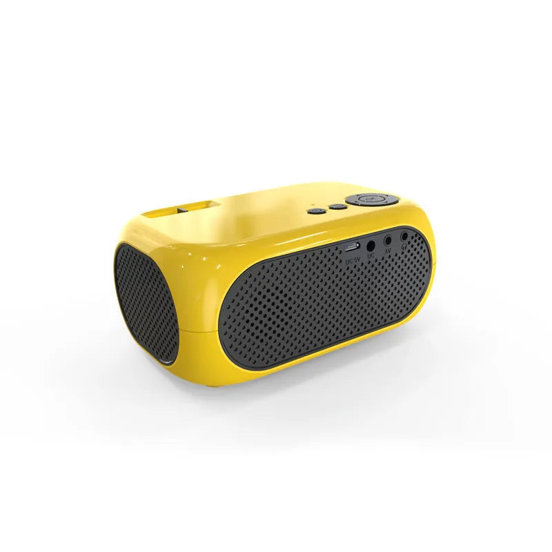M24 micro mini portable LED projector in gold or white colour on a grey background