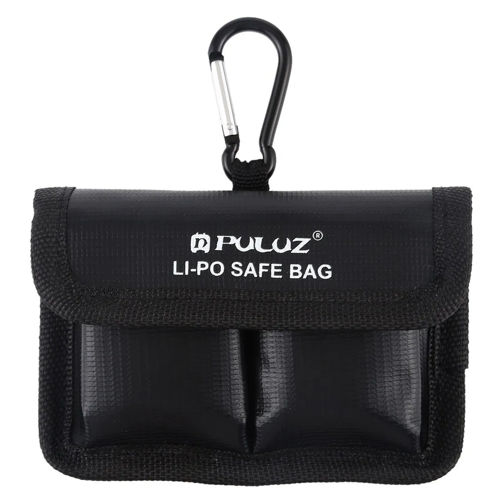 Black explosion-proof lithium battery storage bag with magic tape closure on a white background