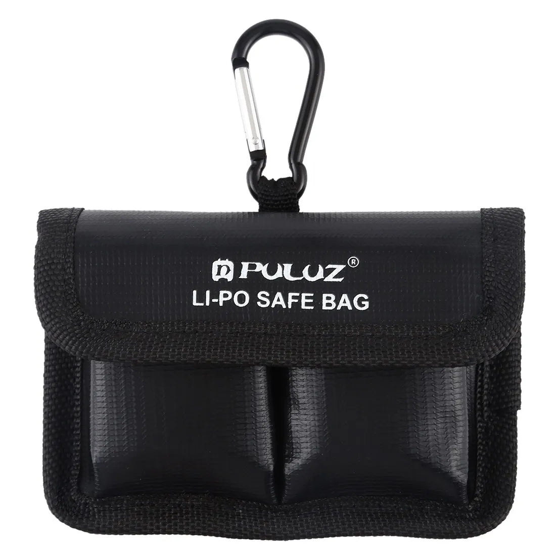 Black explosion-proof lithium battery storage bag with magic tape closure on a white background