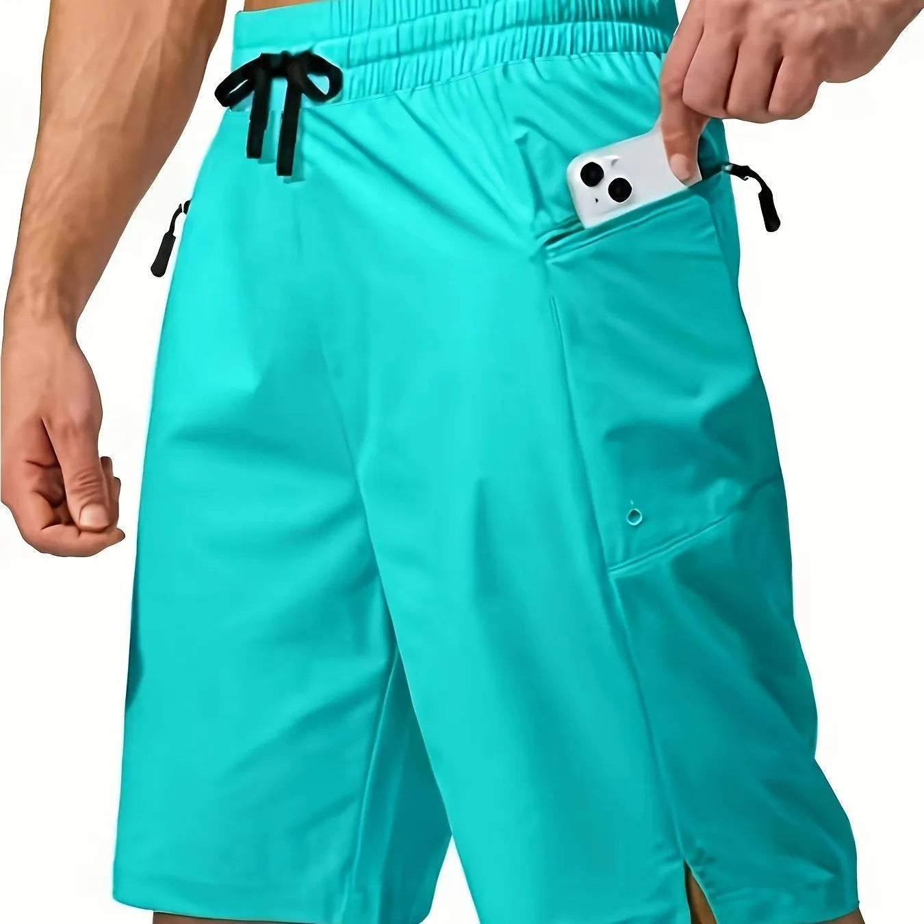 Men's solid colour quick-drying polyester beach shorts in straight-leg cut