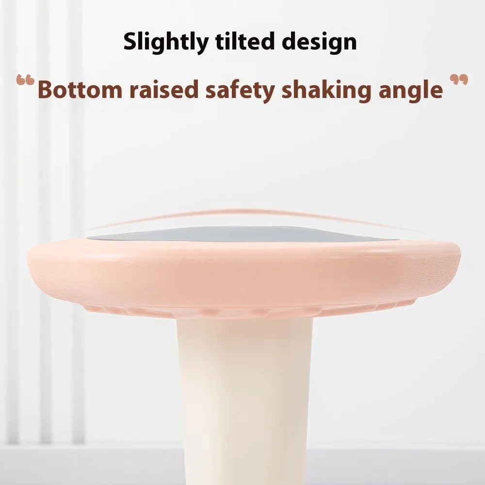 Children's multi-action plastic rocking stool available in black, blue, green, pink, purple, and red for balance training.