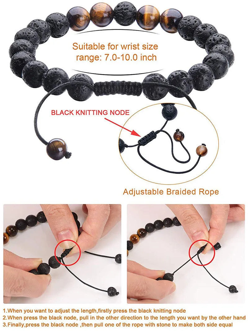 Tiger Eye agate couple bracelets with geometric beads in matte black finish