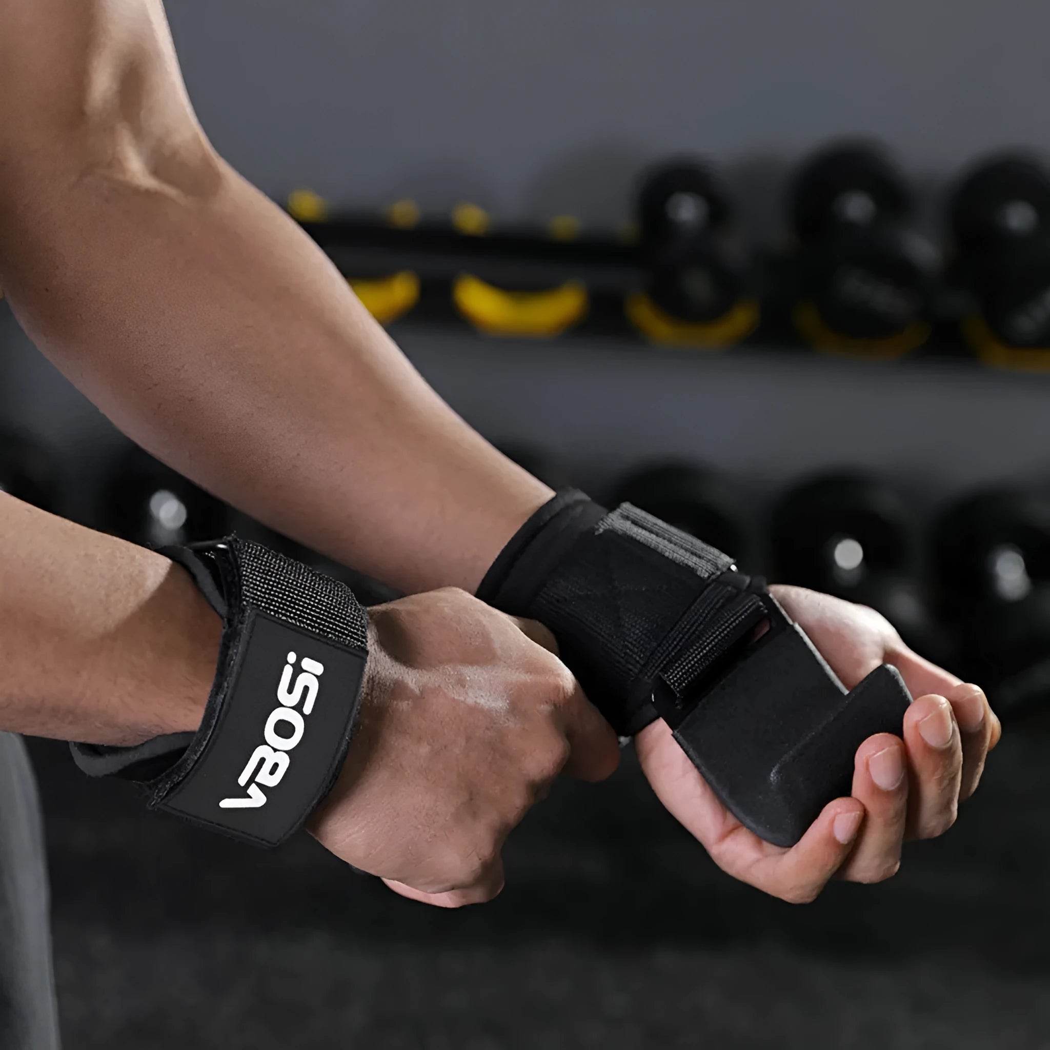 Horizontal bar pull-up power assist grip hook in black for weightlifting training with padded wrist support