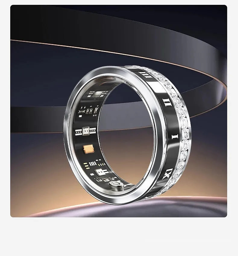 Gold and silver diamond inlaid smart ring for health monitoring on a finger.