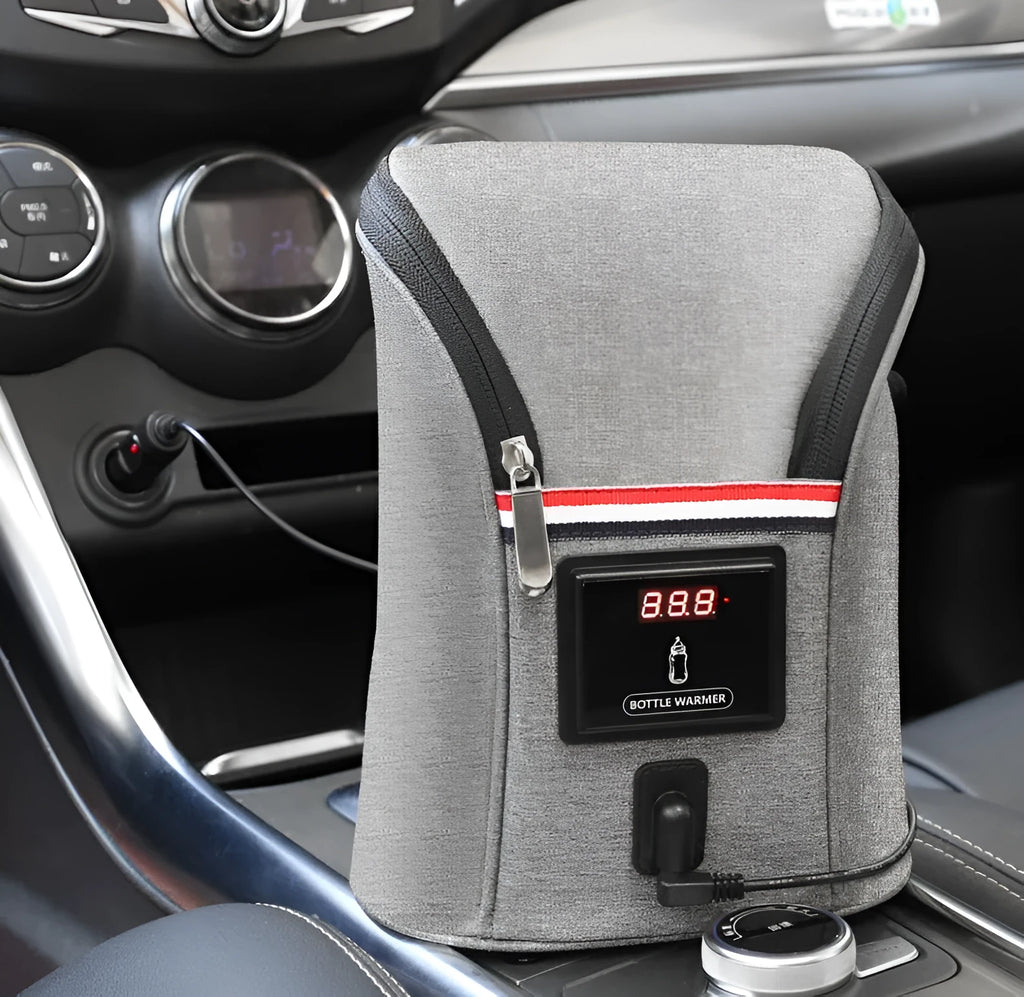 Grey Oxford cloth portable car USB baby bottle warmer with electronic display and carry handle
