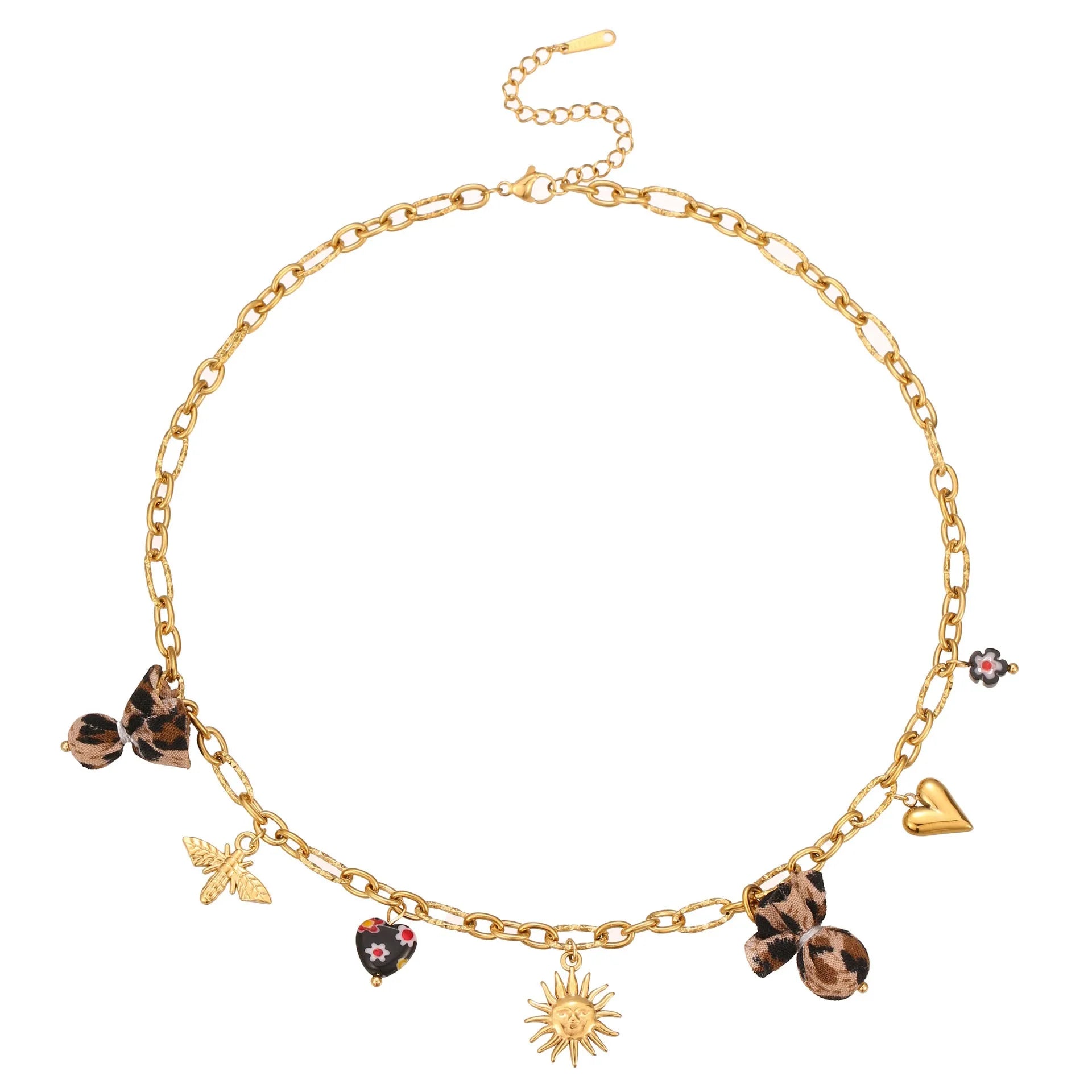 Gold plated stainless steel necklace with geometric leopard, love heart, and flowers pendant on a regular chain.