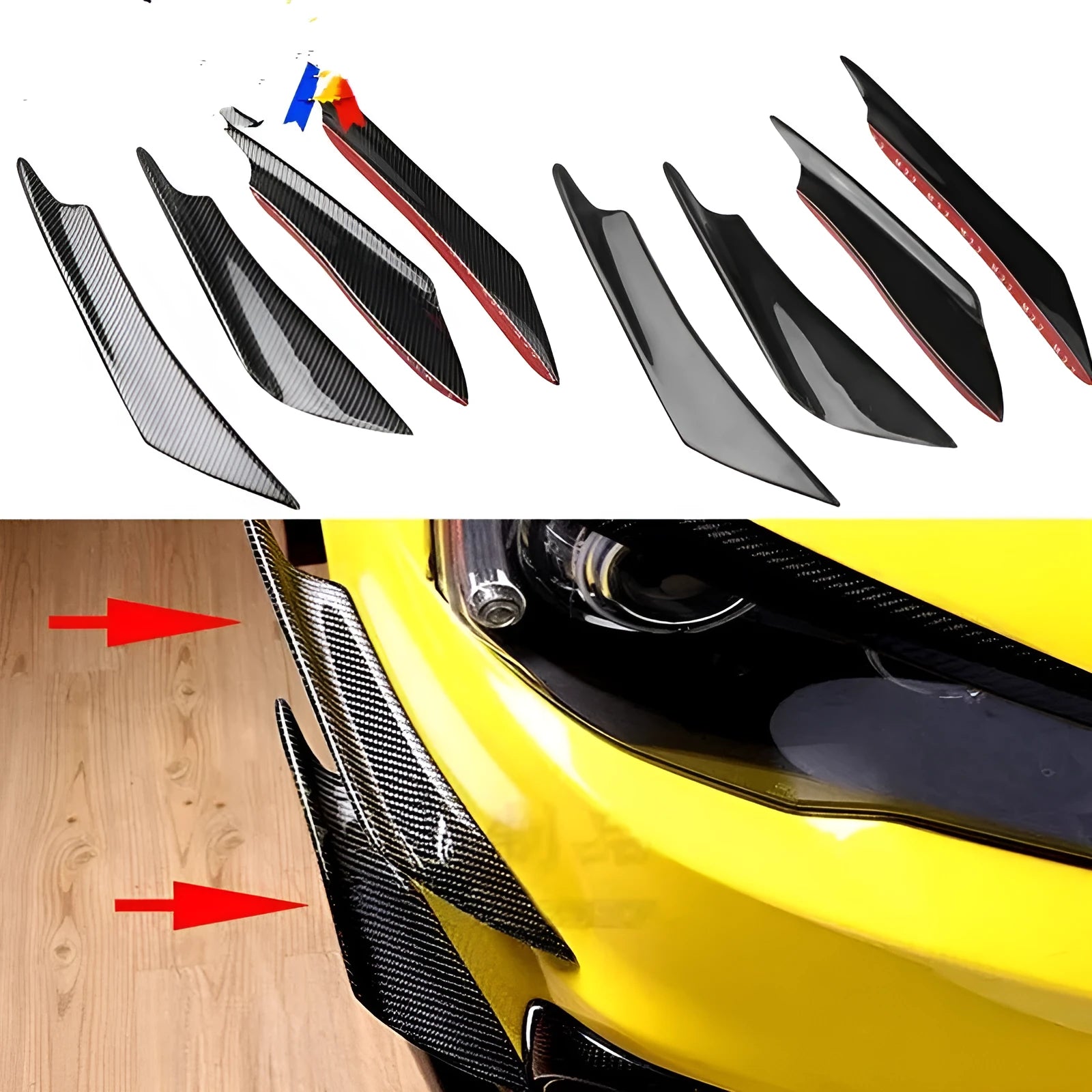 Set of four ABS plastic automotive bumper blade spoilers in carbon fibre finish