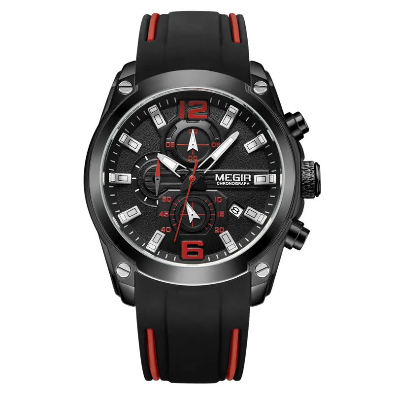 Multifunctional sports watch with black silicone strap, 46mm dial, and mineral glass face