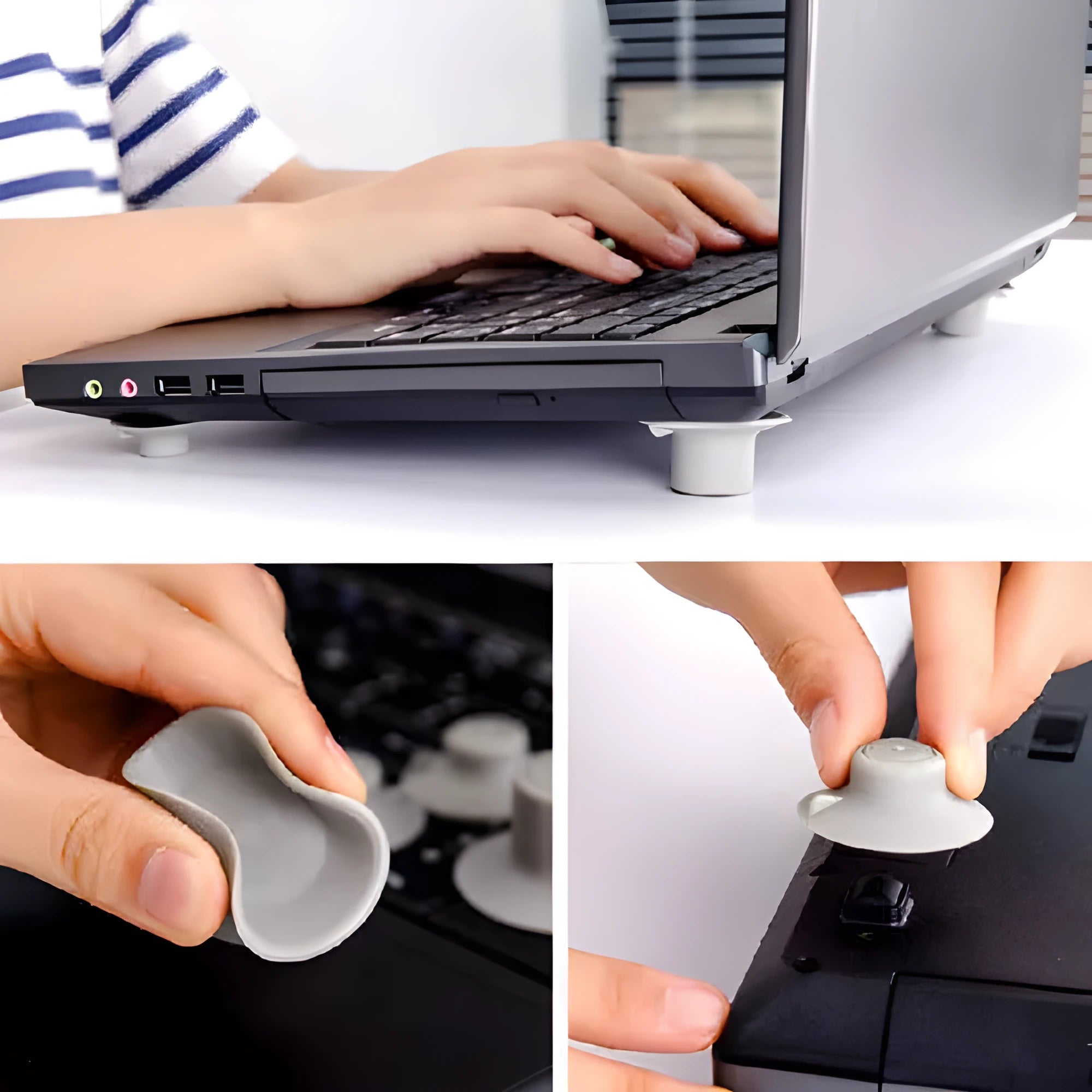 Set of four grey durable plastic laptop cooling pads: two large and two small, on a desk.