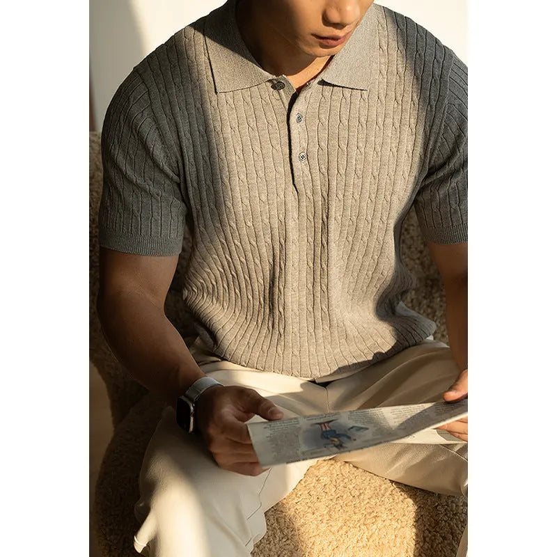 Men's khaki short sleeve business top showing Asian fit sizing for M L XL 2XL