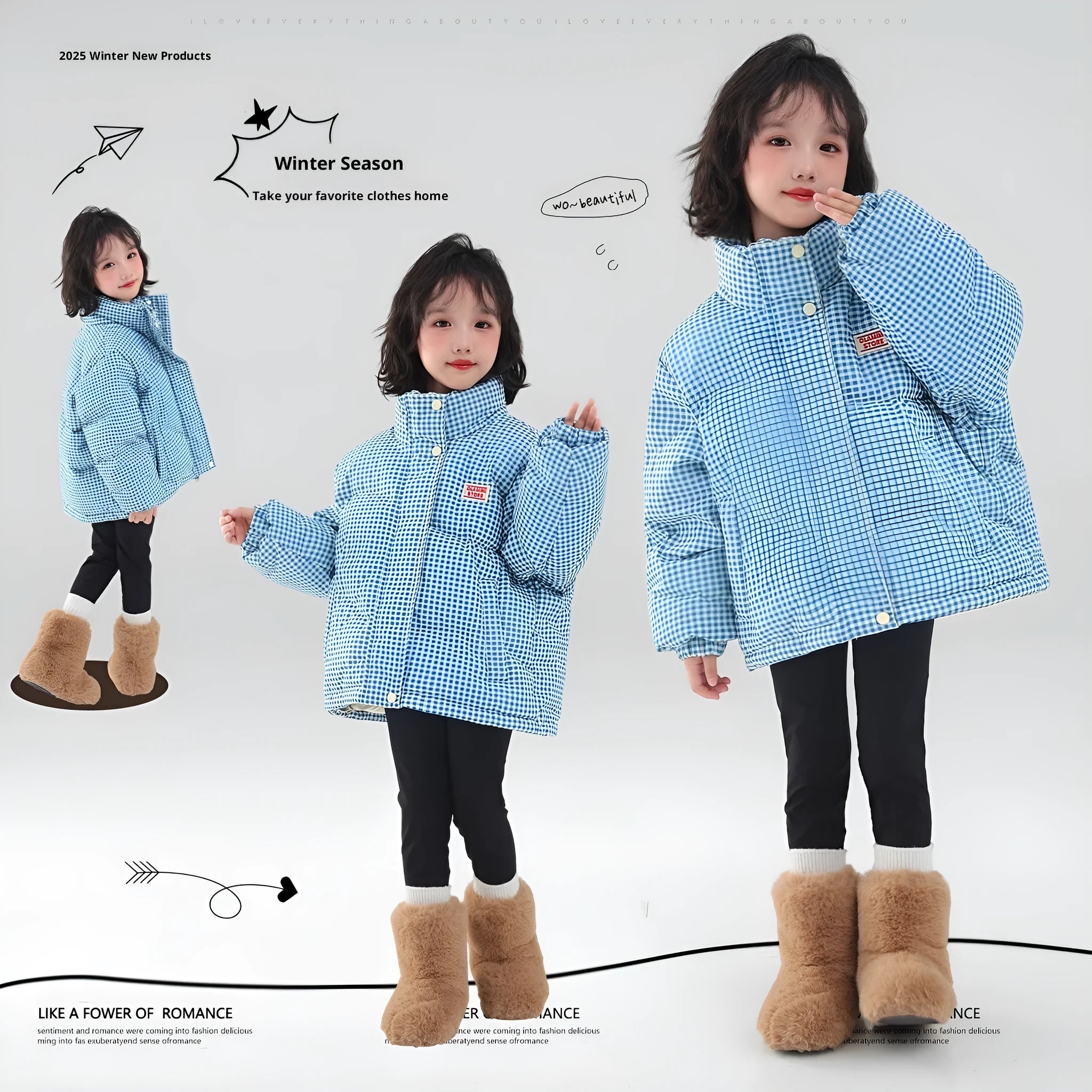 Blue plaid hooded coat jacket for children with zipper closure and cotton lining