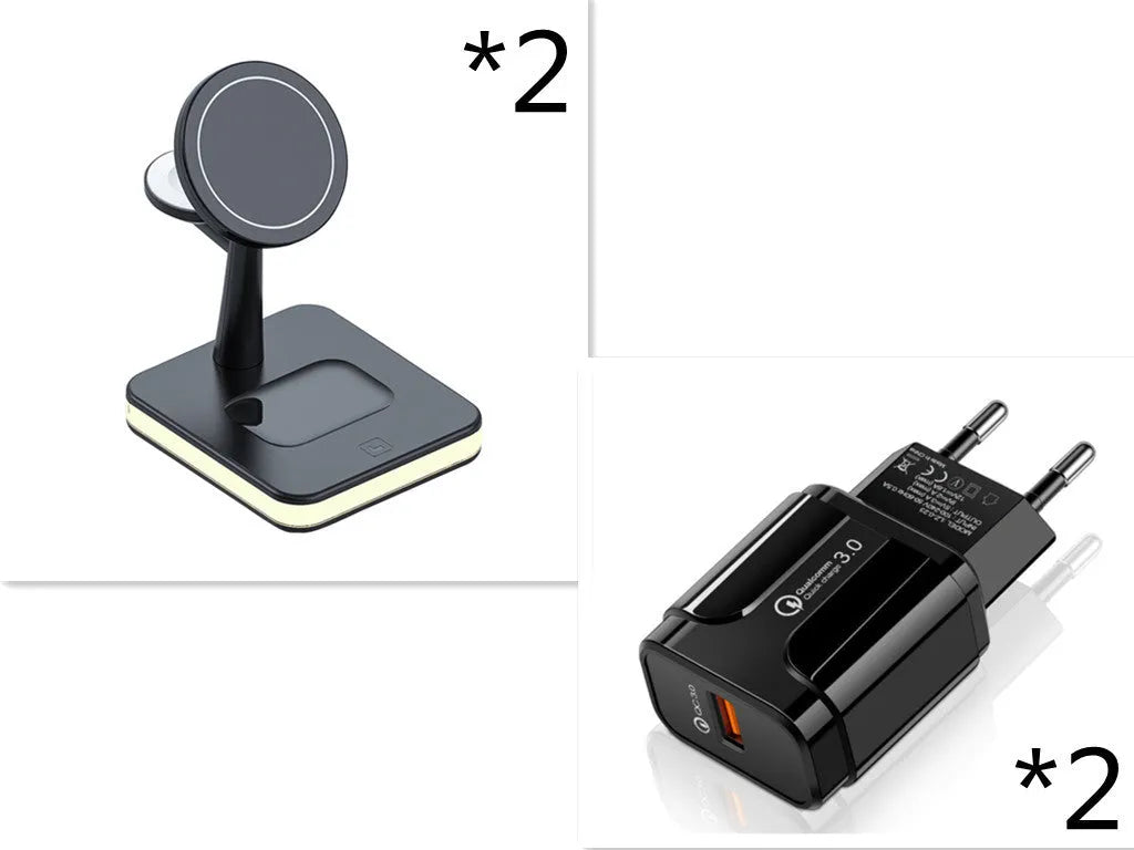 3-in-1 wireless charger magnetic bracket charging smartphone, watch, and earbuds on a desk