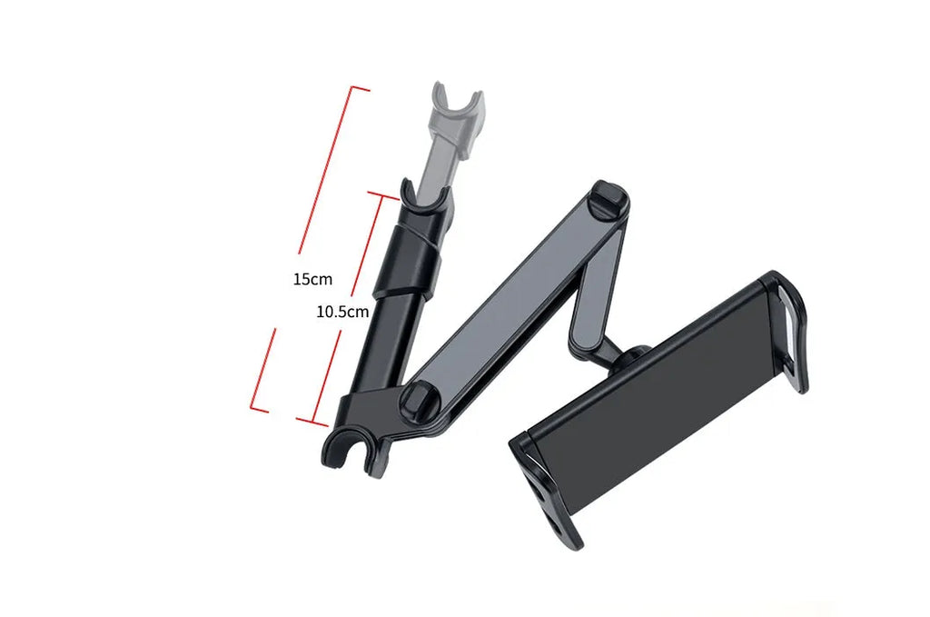 Black universal car phone and iPad holder mounted on a car seat headrest.