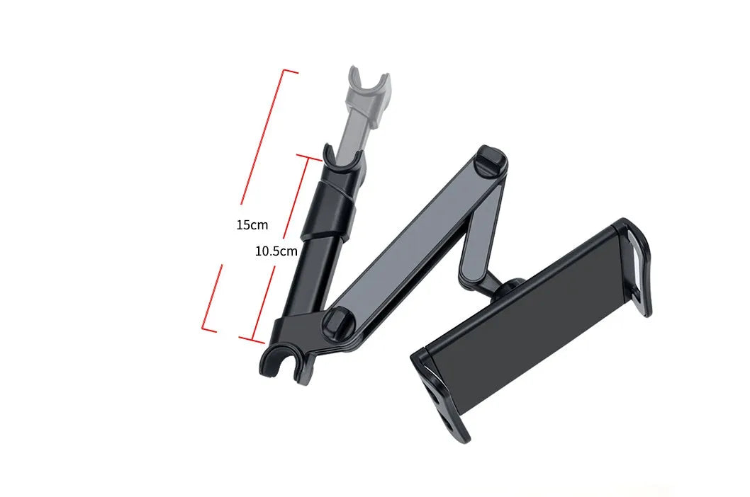 Black universal car phone and iPad holder mounted on a car seat headrest.