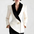 Milky white women's coat with golden edge detailing and pearl button front closure