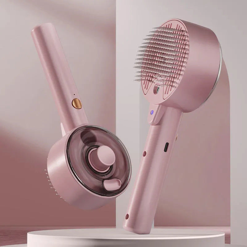 Ceramic white rechargeable pet grooming brush with UVC light and misting function on a dog's coat.