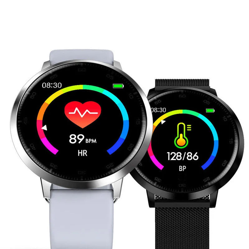 Ultra-thin waterproof smart health bracelet in silver with a silicone wrist strap and 1.3-inch screen.