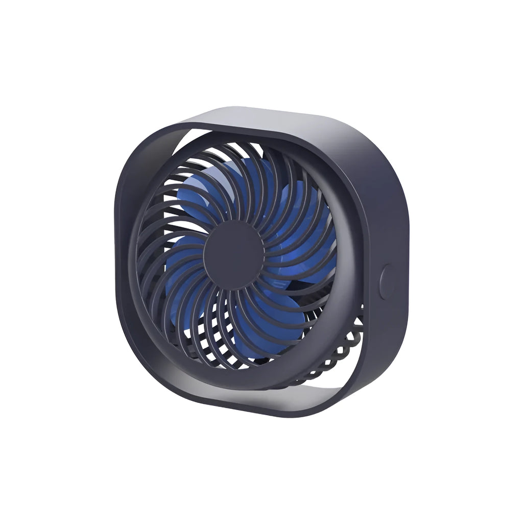 USB desk fan with alarm clock in blue, showing 360-degree rotating head and rotary switch.