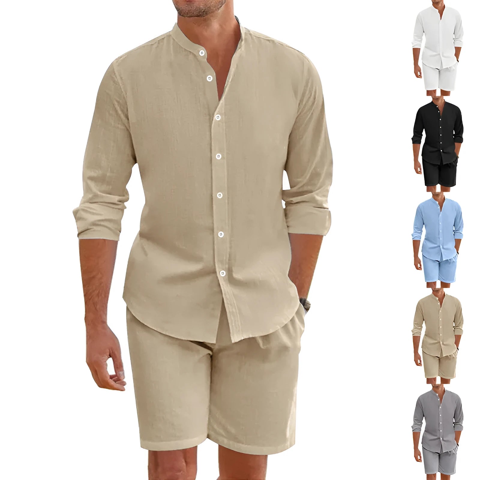 Men's summer short suit with lapel button-down shirt and drawstring shorts in hemp blend fabric