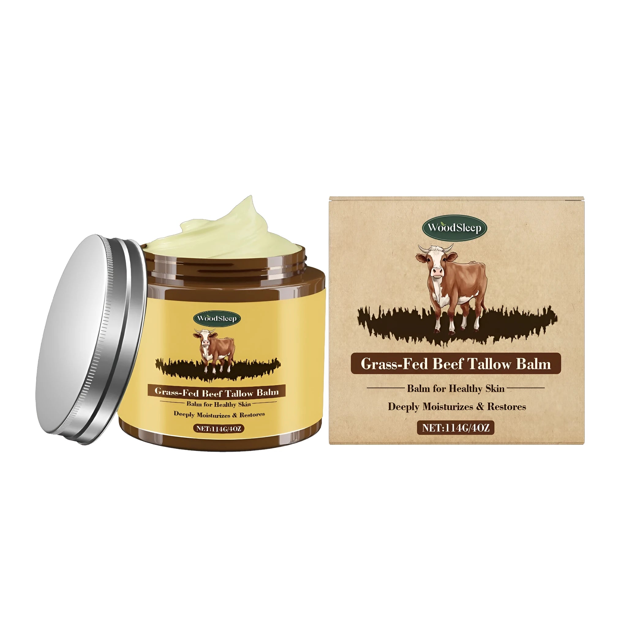 114g jar of cow fat moisturising cream with tallow, honey and olive oil ingredients