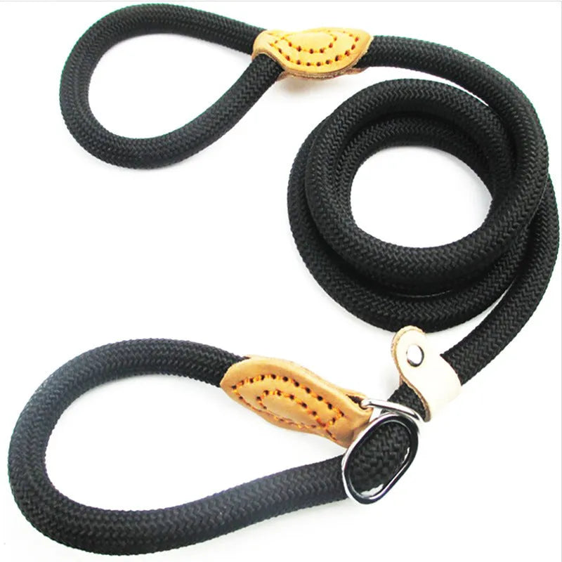 Brown nylon P chain dog leash with hand holding rope section measuring 2.1 metres