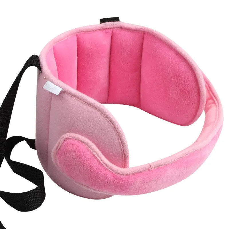 Child car seat head support in blue with hook and loop neck strap and rear waistband