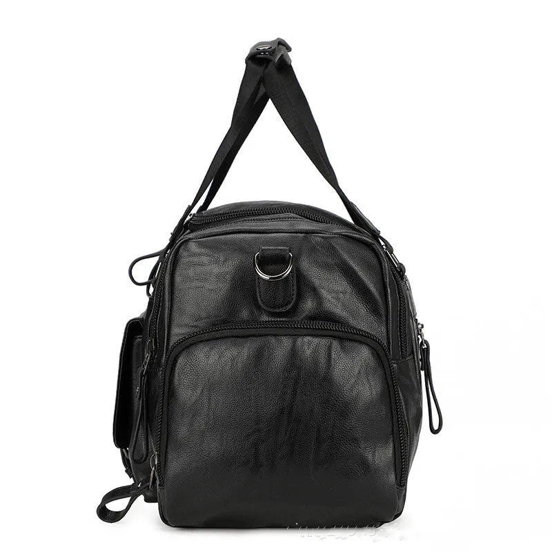 Large black travel bag with separate shoe compartment showing dimensions 52cm by 19cm by 27cm