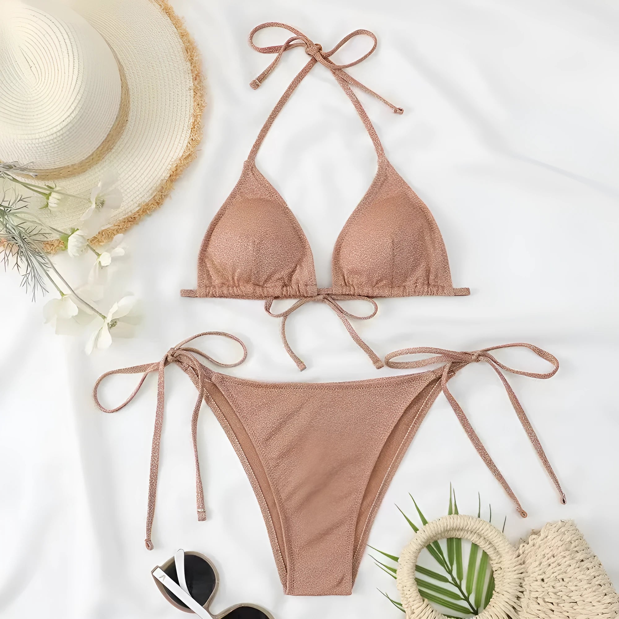 Women's bandage-style bikini swimsuit in black, shown as a two-piece set.