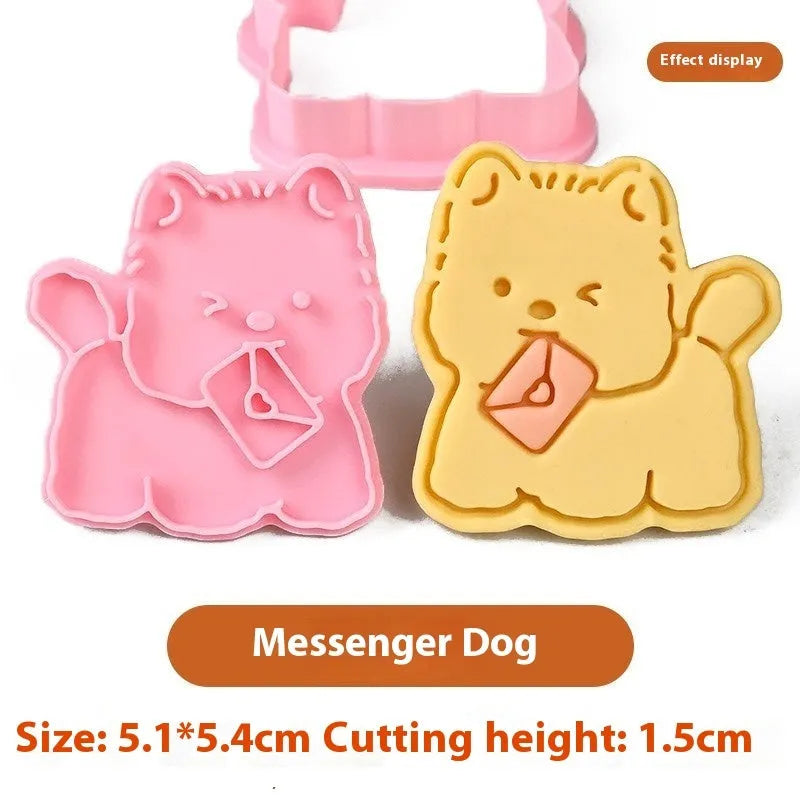 Plastic cartoon biscuit mould for 3D puppy-shaped treats with seven decorative designs