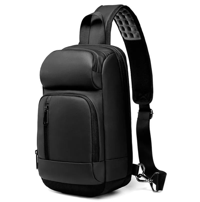 Black PVC outdoor leisure shoulder bag showing air cushion strap and organisational pockets