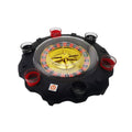 Electric Russian lucky wheel roulette wine set with spinning turntable, six glass shot glasses, and two steel balls on a table