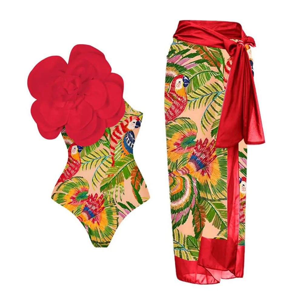 One-piece swimsuit with three-dimensional floral pattern showing European and American fit
