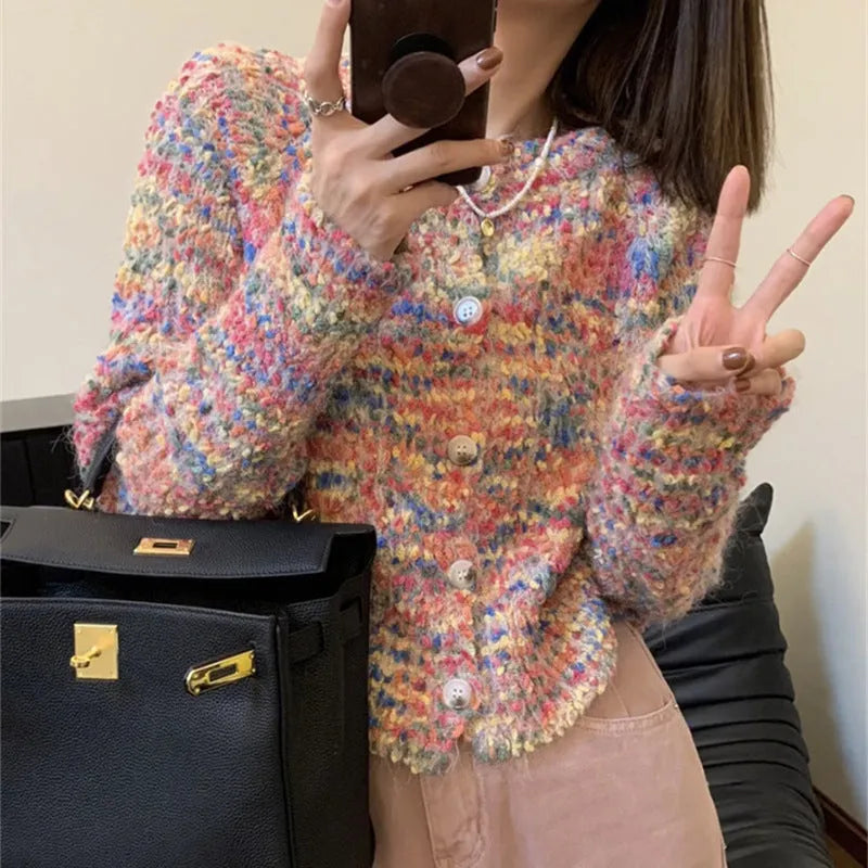 Rainbow knitted cardigan sweater in retro gentle idle style showing toothbrush hair fabric texture