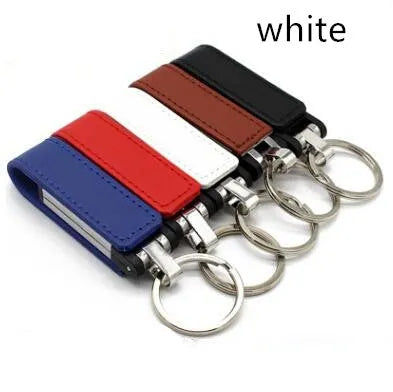 Leather USB flash drive with keychain ring, USB 2.0 interface, available in black, blue, brown, red, white, 16GB or 32GB