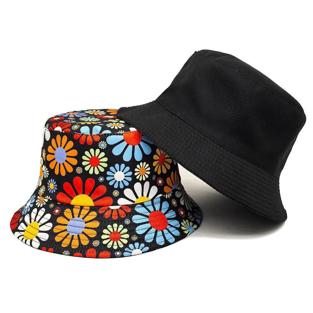 Flower pattern polyester bucket hat with dome crown design for sun protection