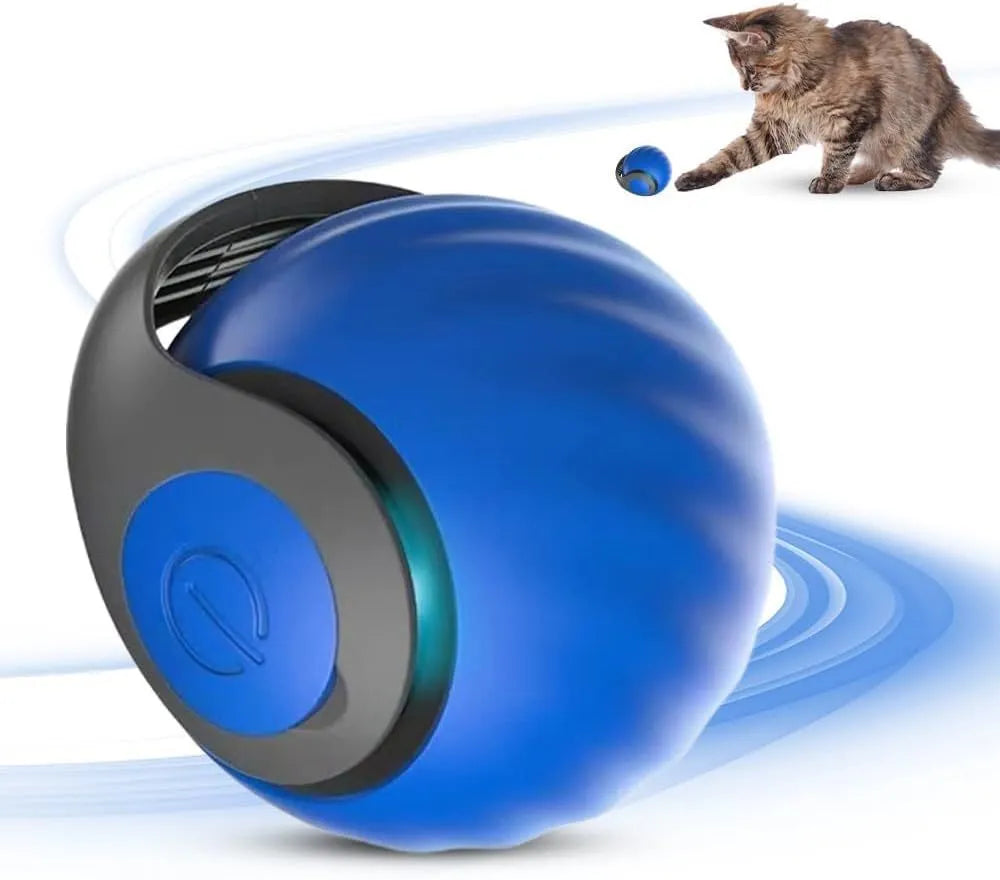 Self-moving cat toy ball in blue on a floor with a cat pawing at it