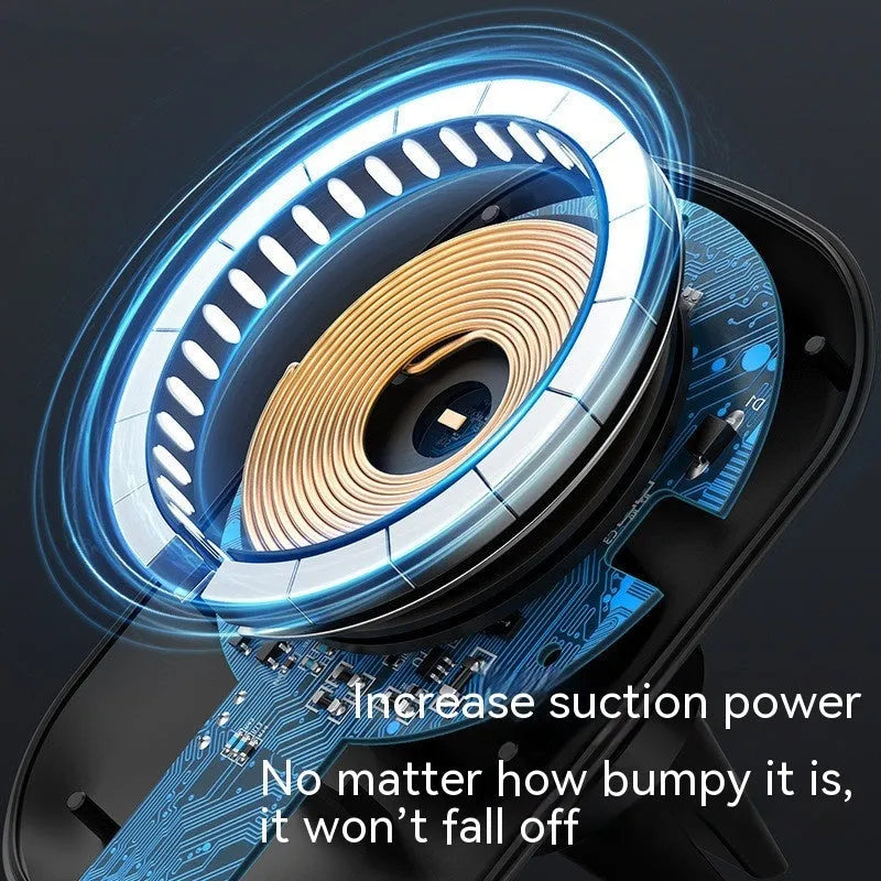 Black magnetic car wireless charging pad with air vent clip mount next to white model on centre console base.