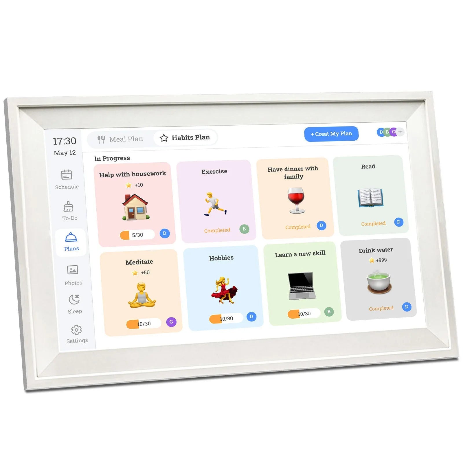 White 15.6 inch smart digital photo frame with app connectivity on tabletop