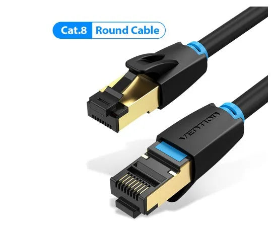 Shielded CAT8 network cable with RJ45 connectors, shown in flat and round styles, available in multiple lengths.