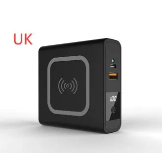 Black and white 10000mAh power bank with QI wireless charging and a set of international plug adapters