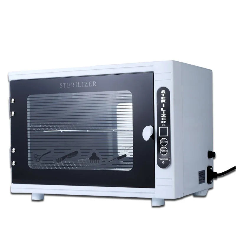 Silver compact UV sterilizer with stainless steel interior for professional beauty and barber salon tool sanitation