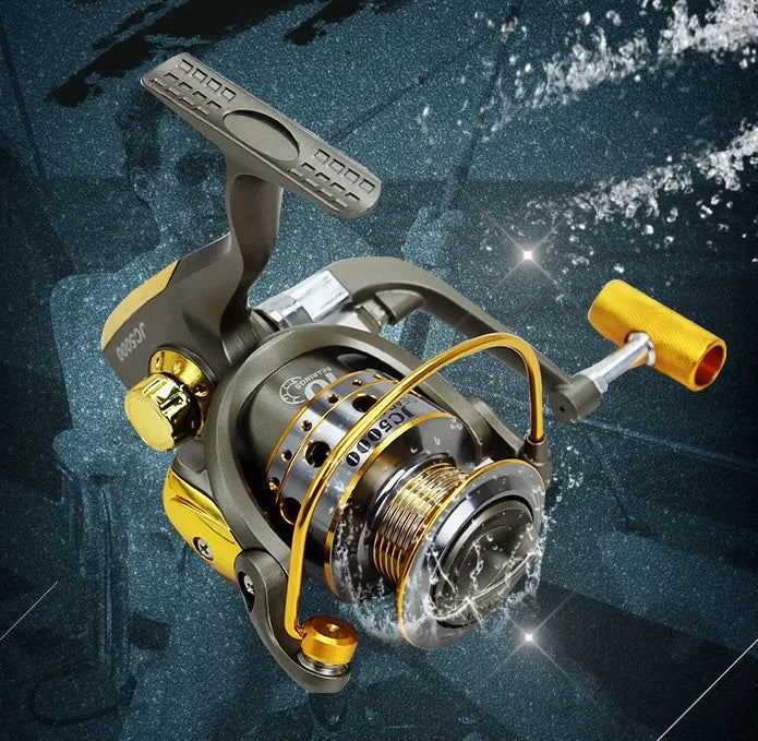 10-axis metal head spinning reel with metal line cup and folding rocker arm in silver and black