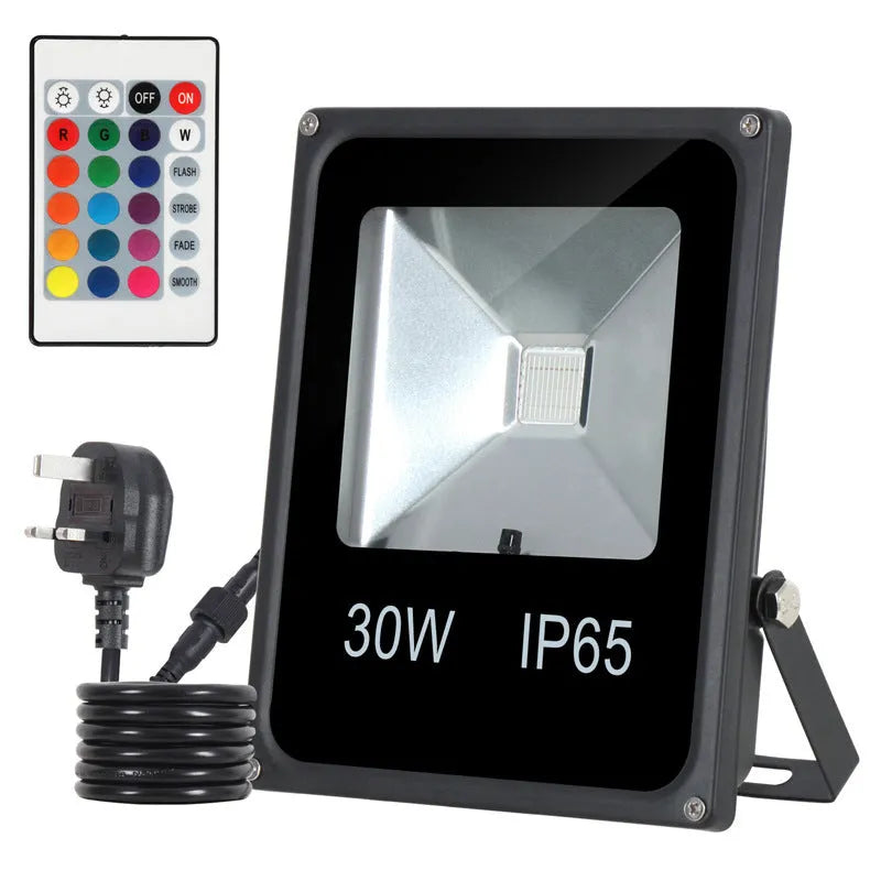 Black aluminium LED flood light with RGB colour changing capability for outdoor advertising and building lighting