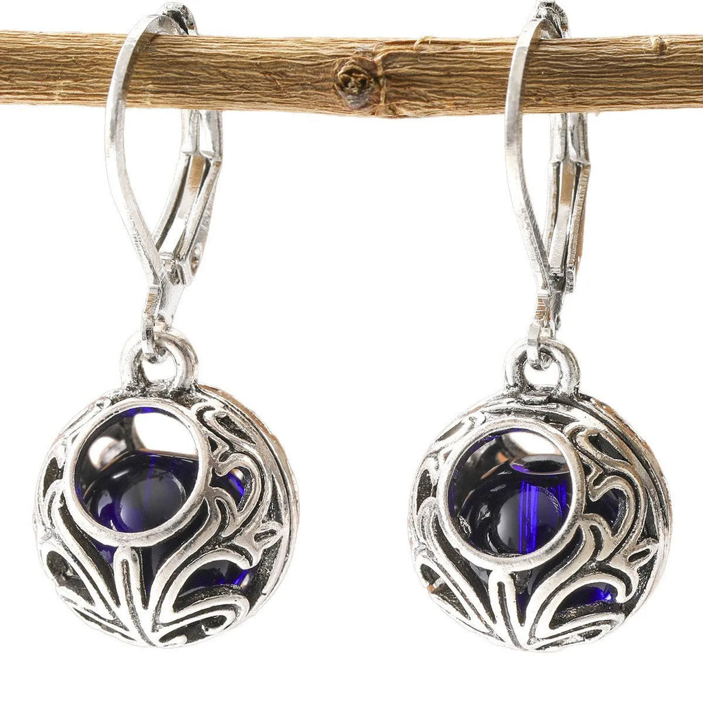 Silver geometric pendant earrings with vintage engraving and blue gemstone accents