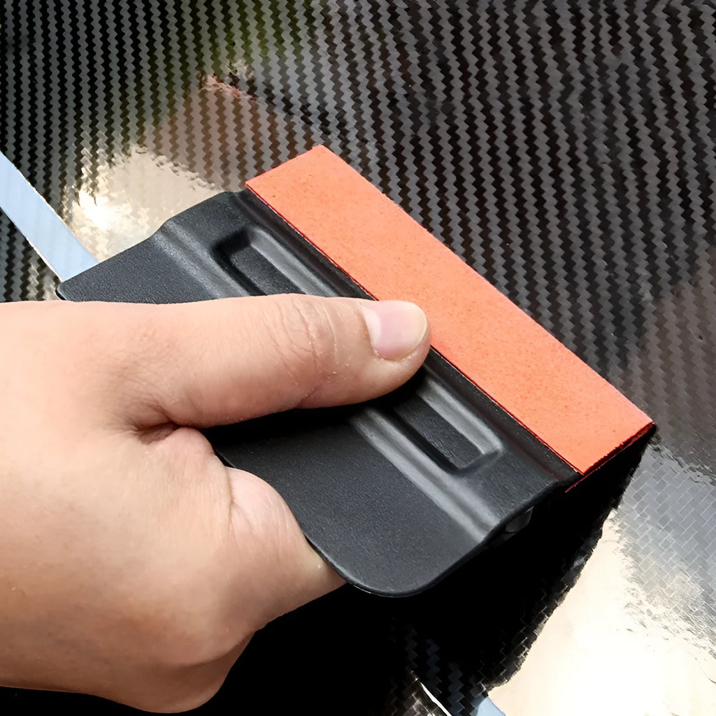 Black and blue magnetic car vinyl wrap scraper tool with interchangeable faux deerskin and wool pads.