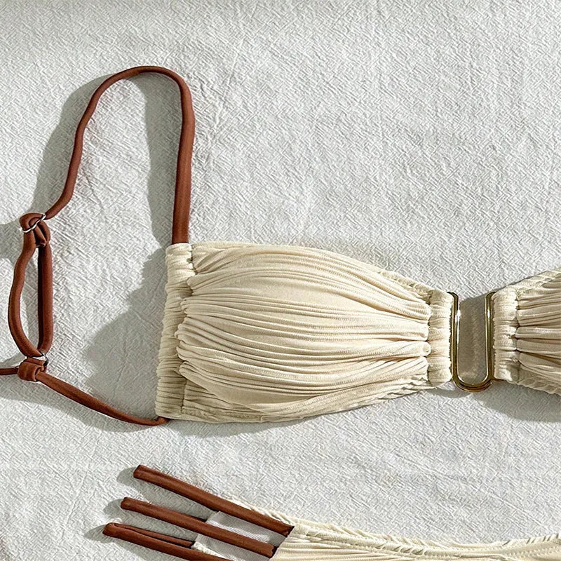Women's fashion striped three-point polyester bikini set in khaki for beach and hot spring use