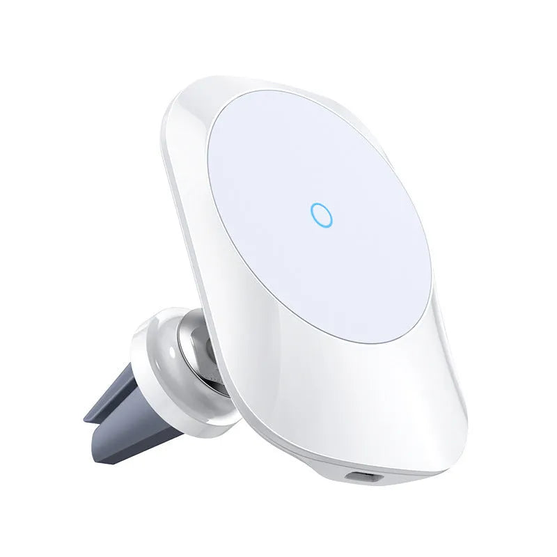 Black magnetic car wireless charging pad with air vent clip mount next to white model on centre console base.